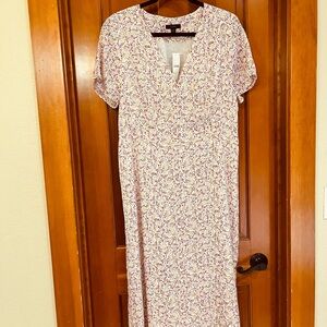 Floral V-Neck Midi Dress - White with Pink & Yellow Print